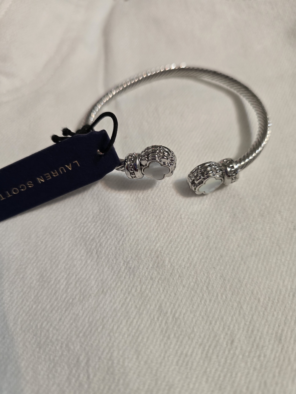 Silver-Tone Open Bangle Bracelet with White Clover Accents